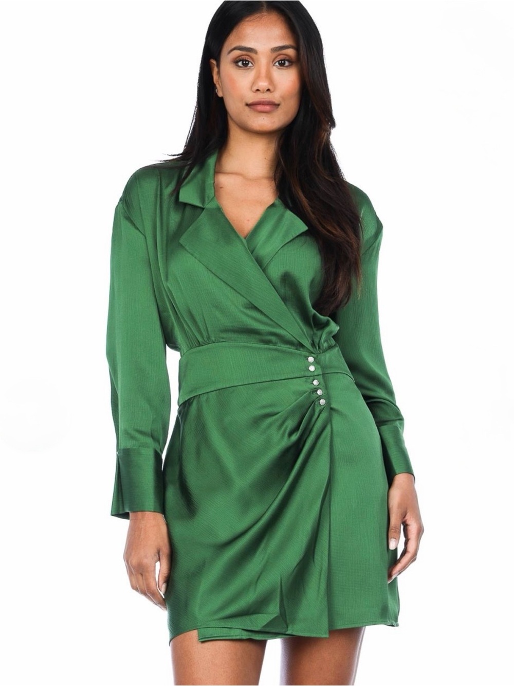 ba&sh Falla Green Satin Long Sleeve Wrap Mini Dress Rhinestones V Neck Size L